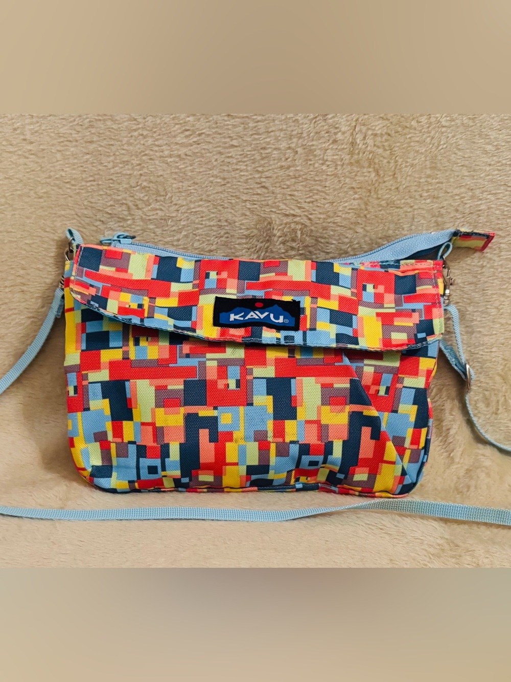 Kavu Multicolor Pixel Crossbody Bag with Light Blue Strap